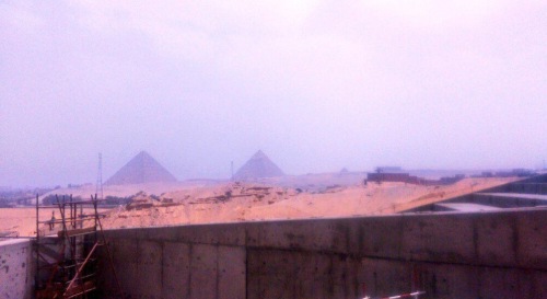 View from the Grand Egyptian Museum site towards the three pyramids at Giza. A visitor centre is planned for Spring 2016, with an initial opening in 2018.